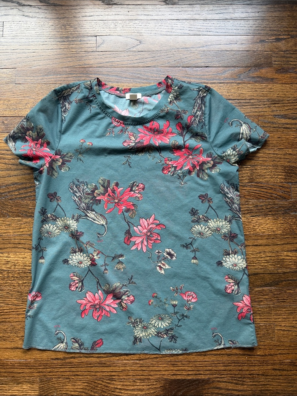 hinge Teal Floral Short Sleeve Crewneck Tee with Pink Blooms
